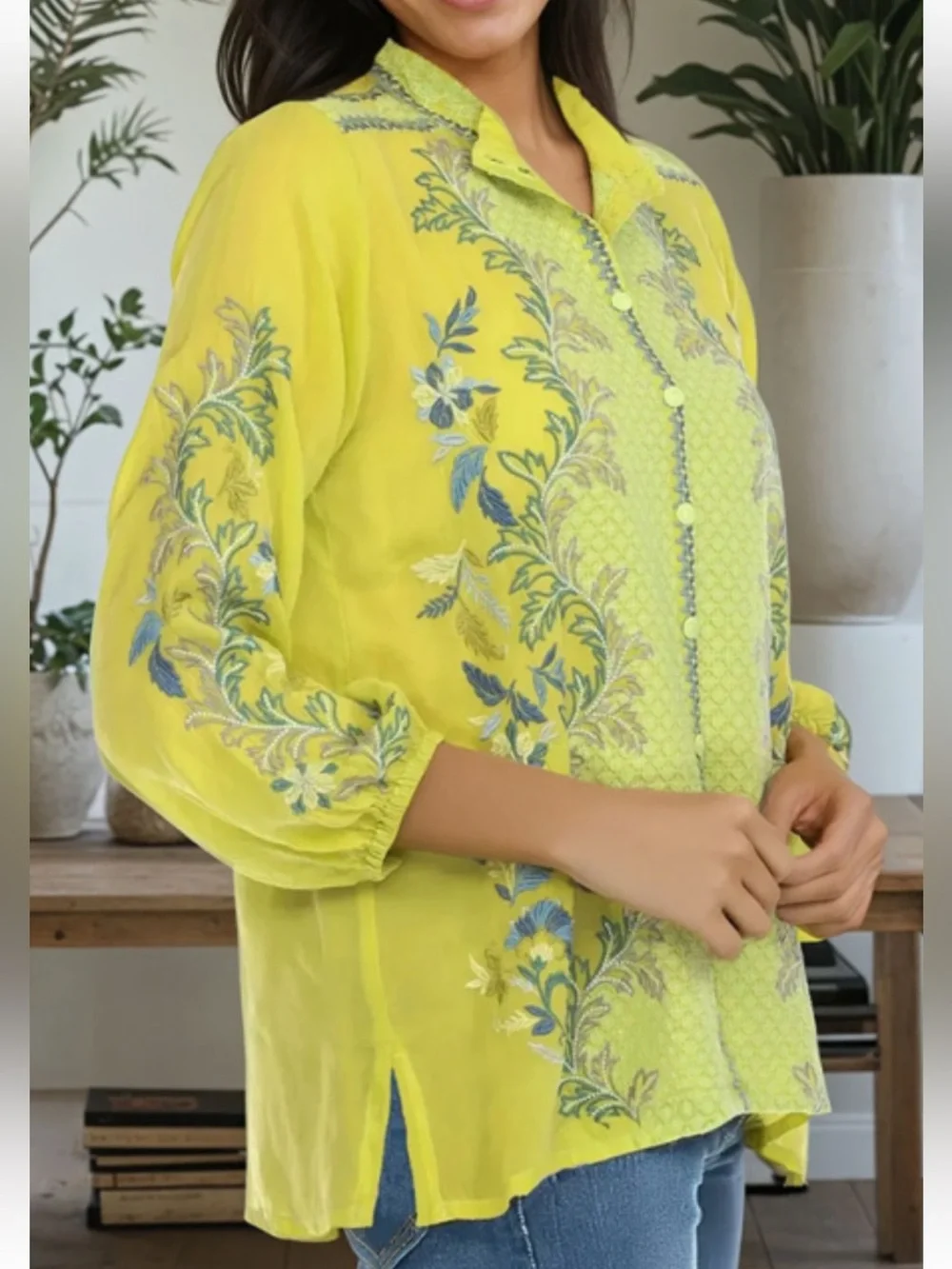 Johnny Was Embroidered Eleana Blouse in Chartreuse Medium